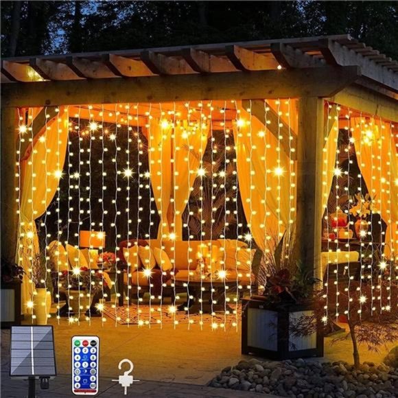 Solar Curtain Lights Remote Control, Outdoor Garden Lights 300 LED 8 Modes - Picture 1 of 6